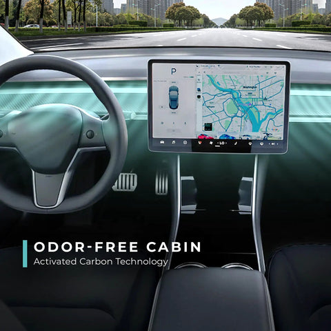 Top Notch Cabin Air Filter For Tesla Model 3 And Model Y With H13 HEPA Activated Carbon Filtration showing interior odor control