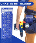 Screw Size Chart and Drill Bit Gauge Laser Etched in 6061 Aluminum Pilot Hole Guide with scale and tool belt on worker.