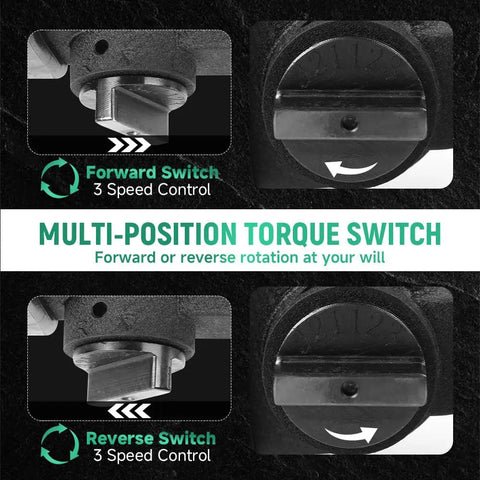 Multi-Position Torque Switch on Premium Shop Grade 1 Inch Air Impact Wrench for forward and reverse control.