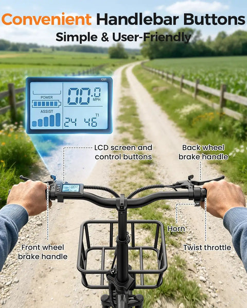 Adult E Trike With 1200W Peak Motor 18 MPH 3 Riding Modes And 748.8Wh Removable Battery For Smooth Acceleration Easy Hill Climbing And Daily Errands For Commuting Trails And Weekend Fun And City Cruising, handlebar LCD and controls