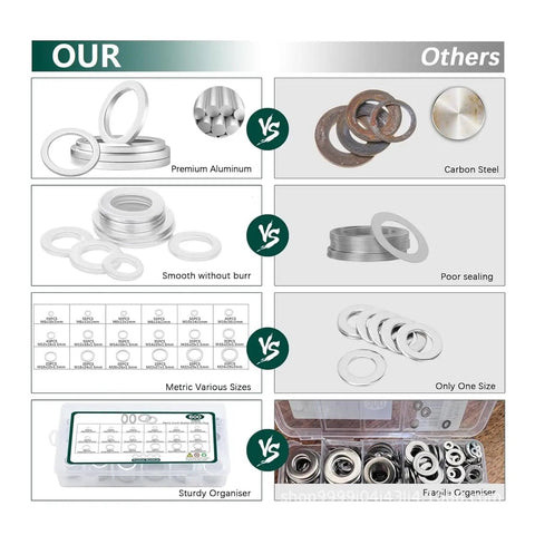 Comparison of 600 Piece Aluminum Crush Washer Set DIN2690 with other materials, showcasing premium aluminum, smooth finish, and size variety.