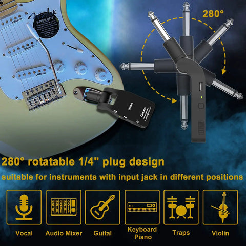 Upgrade 2.4GHz Wireless Guitar System Cordless with Built In Rechargeable Battery showing 280 degree rotatable plug design