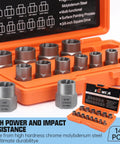 Professional 14 Piece Bolt Extractor Set For Removing Damaged And Rounded Off Bolts And Nuts With Three Eighths Inch Drive, Impact Grade Chrome Molybdenum Steel, Case Included, Beefy Heavy Duty Auto Shop Tools Fathers Day Gift displayed in orange case showing extractors and material details