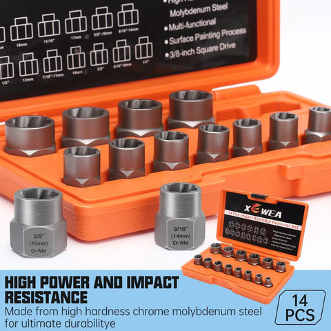 Professional 14 Piece Bolt Extractor Set For Removing Damaged And Rounded Off Bolts And Nuts With Three Eighths Inch Drive, Impact Grade Chrome Molybdenum Steel, Case Included, Beefy Heavy Duty Auto Shop Tools Fathers Day Gift displayed in orange case showing extractors and material details