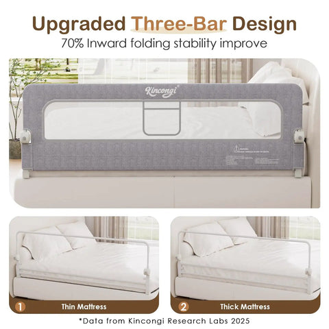 Ultra Sturdy 71 Inch Swing Down Toddler Bed Rail With Wide U Shaped Base for King Queen Full Twin Beds, breathable design shown.