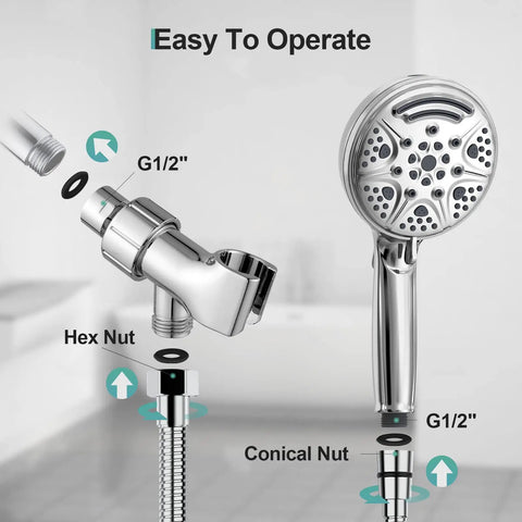 High Pressure 9 Settings Detachable Power Wash Handheld Showerhead With Extra Long Hose Chrome Finish assembly diagram