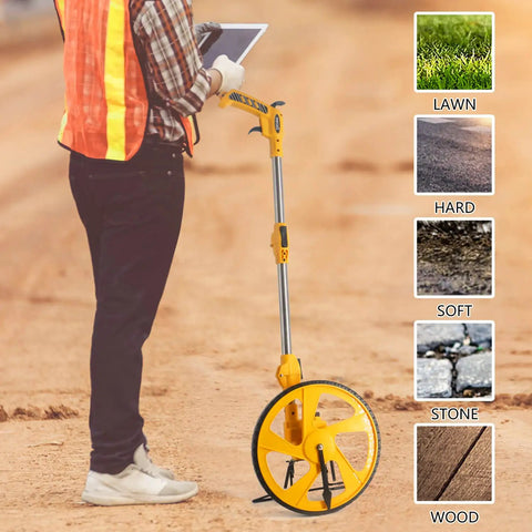 Person using Pro Grade Measuring Wheel With Easy Brake At The Handle And One Touch Zero Reset No Fuss on various terrains
