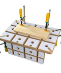 Heavy Duty Dovetail Clamping Board For Woodworking 12 X 18 Inch Benchtop With Dual Track System And Standard Dog Holes, showing clamps and wooden surface.