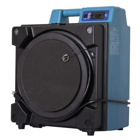 Heavy Duty Air Scrubber Slings Seven Five Zero Cfm Negative Air Through Triple HEPA Filters with blue casing side view