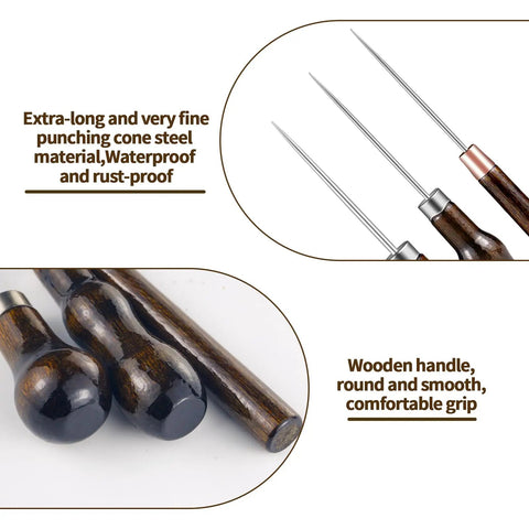Detailed view of Badass Professional Grade Three Pack Leather Awl Tools With Grippy Gourd Shaped Wooden Handles for precise work.