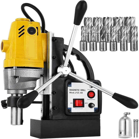 Heavy Duty Mag Drill Press 1100W Portable Magnetic Drilling Machine With Powerful 2700Lbs Holding Force For Metal Surfaces Includes Premium Coring Bits Up To One And Half Inch Diameter High Speed Benchtop Tool and metal bits.