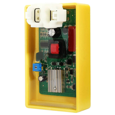 Performance Racing 6 Pin DC CDI Box For GY6 Engines With Adjustable Timing, close-up view of circuit board and connectors
