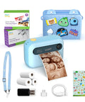 Kids Instant Print Camera Kit With 16MP Sensor, 9 Rolls Paper, Travel Case And Wearable EVA Case, Prints Up To 450 Photos, Durable Lightweight Gift For Ages 4 To 12, Your Kid's New Travel Photo Buddy. Blue camera kit with paper rolls, strap, cable, and sticker sheet