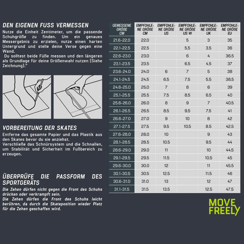 Size chart for Macroblade 80 Inline Skates For Men's entry-level training with foot measuring instructions in German.