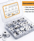 300 Piece Stainless Steel Washer Set With 15 Sizes From M3 To M12 Flat And Fender Washers 304 Stainless For Screws And Bolts Pro Grade DIY Home Auto Workshop Gear in labeled storage box