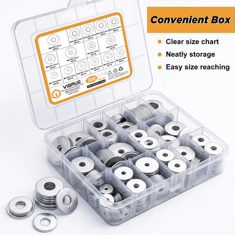 300 Piece Stainless Steel Washer Set With 15 Sizes From M3 To M12 Flat And Fender Washers 304 Stainless For Screws And Bolts Pro Grade DIY Home Auto Workshop Gear in labeled storage box
