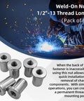 Heavy Duty Half Inch X 13 Stepped Female Weld On Nuts With Extended Threads And Low Carbon Steel Chassis Tabs Built Tough As Nails For Rock Solid Frame Mods And Hassle Free Hardware Installations Including 6 Pieces on a workbench.
