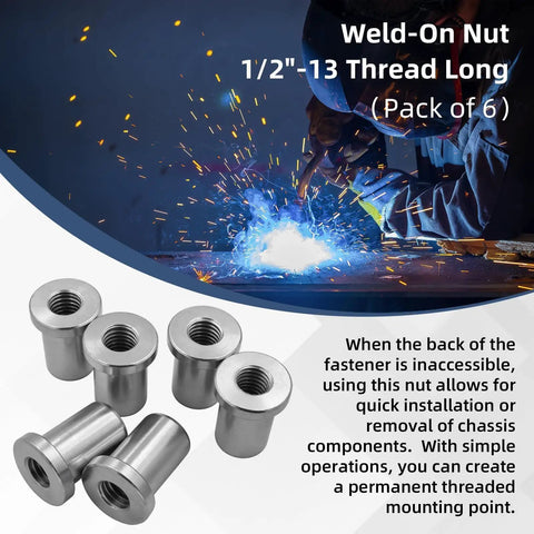 Heavy Duty Half Inch X 13 Stepped Female Weld On Nuts With Extended Threads And Low Carbon Steel Chassis Tabs Built Tough As Nails For Rock Solid Frame Mods And Hassle Free Hardware Installations Including 6 Pieces on a workbench.