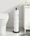 Free Standing Toilet Paper Holder With Reserve Function And Stainless Steel Spare Roll Storage in matte black beside a toilet