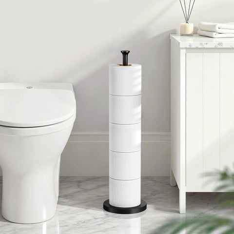 Free Standing Toilet Paper Holder With Reserve Function And Stainless Steel Spare Roll Storage in matte black beside a toilet