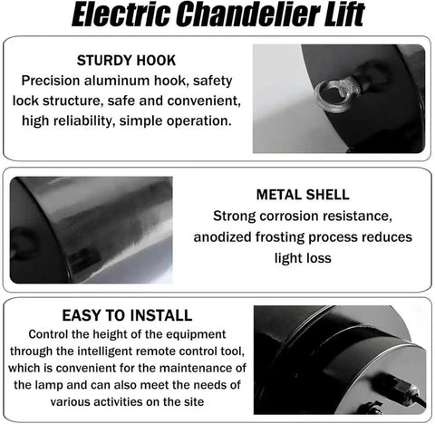 Get Your High Ceilings Sorted Fast With This Motorized Chandelier Hoist Lifter featuring a sturdy aluminum hook and metal shell.