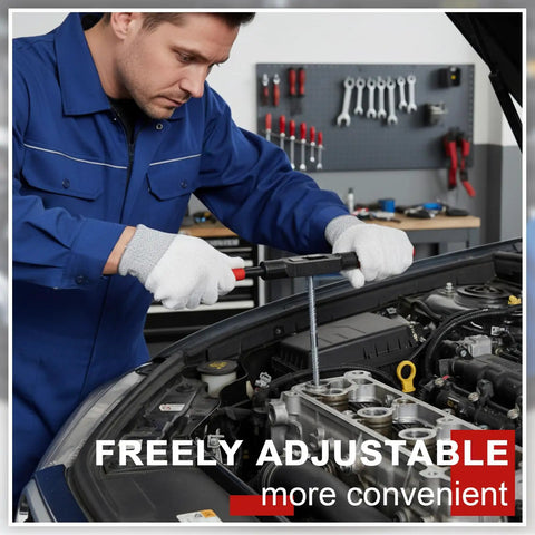 Man using Built Tough Pair Of Adjustable Tap Wrenches With Smooth As Butter Ratcheting Handles for automotive thread repair.