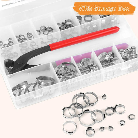 Front view: 120-piece stainless steel hose clamp set in a clear storage box; 11 sizes, 6–33 mm, with ear-clamp pincer