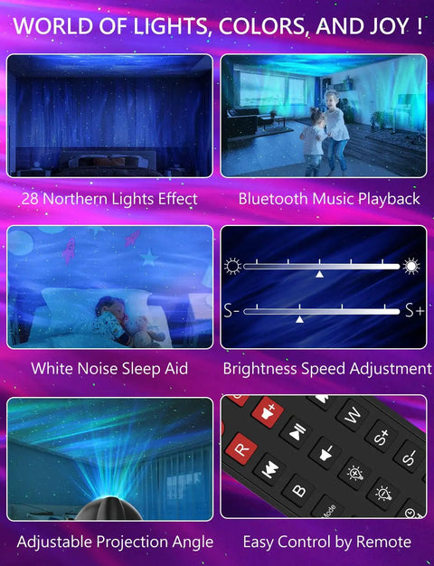 Northern Lights Projector With 28 Aurora Light Effects displaying features like Bluetooth speaker and adjustable projection angle
