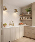Modern kitchen with light wood cabinets, featuring Natural White Marble Round Cabinet Knobs Set Of 4 With 8 Screws Marble Ball Drawer Pulls.