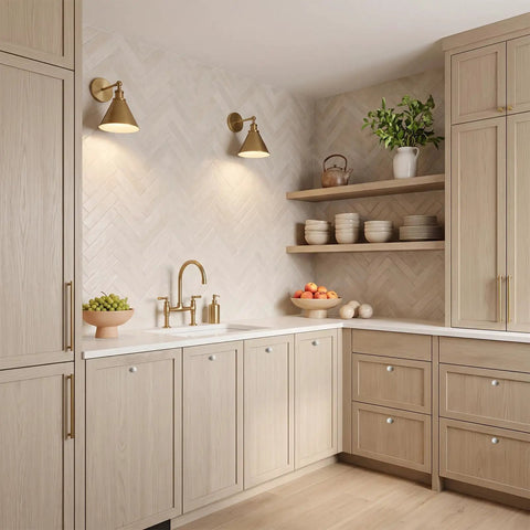 Modern kitchen with light wood cabinets, featuring Natural White Marble Round Cabinet Knobs Set Of 4 With 8 Screws Marble Ball Drawer Pulls.