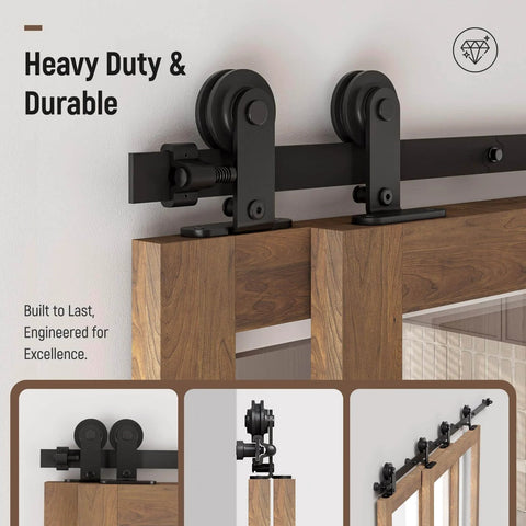 Heavy Duty 4Ft Bypass Sliding Barn Door Hardware Kit Built Tough For Two Doors Single Track System With Smooth Quiet Glide Top Mount Hangers Rust Resistant Black Steel Rail Ideal For Farmhouse Or Modern Living Spaces Door Not Included