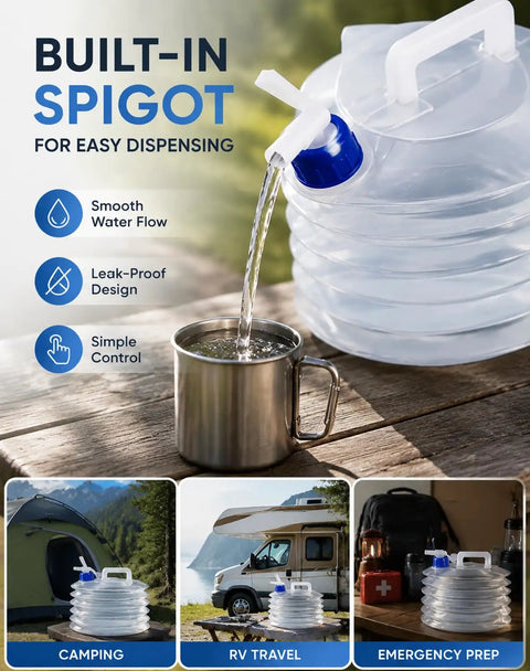 Built-in spigot on foldable water container with spigot and gloves 3L for camping and travel, smooth water flow into cup.