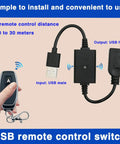 DC 5V USB Wireless Remote Control Switch With 433MHz RF, showing transmitter and USB connectors