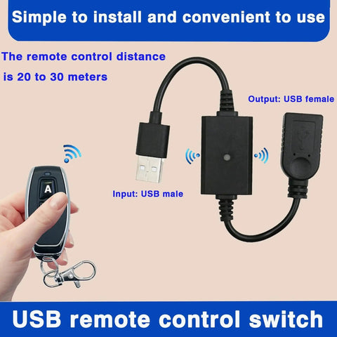 DC 5V USB Wireless Remote Control Switch With 433MHz RF, showing transmitter and USB connectors