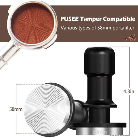 53mm Espresso Tamper With Auto Calibrated 30 LB Spring, stainless steel, beside portafilter setup, for consistent tamping