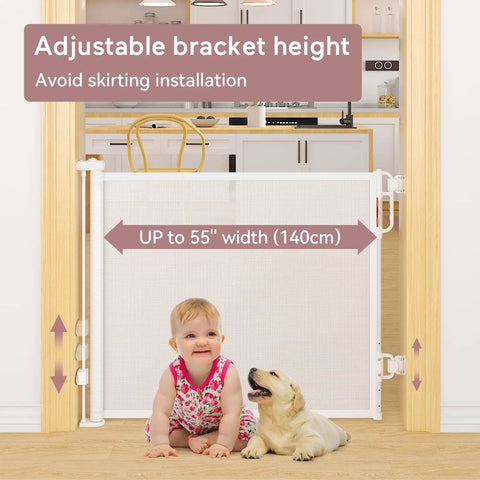 Retractable Baby Gate Mesh Barrier For Doorways And Stairs, 33-Inch Tall, Expands To 55-Inch Wide, Kid Safe and Pet Friendly