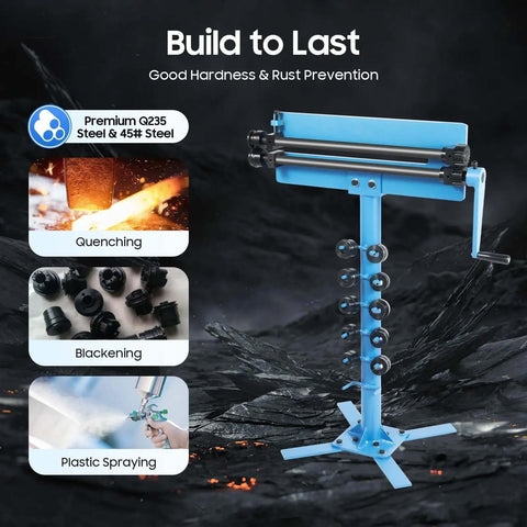 Pro Grade Hand Crank Bead Roller Kit With 6 Dies Set For 1.2mm Sheet Metal, heavy duty steel body, shown with processes like quenching.
