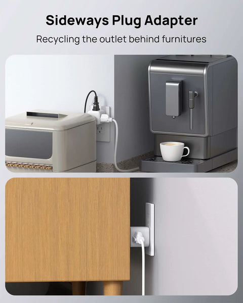 Heavy Duty Sideways Wall Outlet Extender With Three Power Sockets For Fast Charging Laptops Phones And Gadgets High Amp 1875W, shown plugging into a wall socket behind furniture.