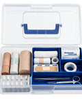 Open Two Pack Small Plastic Tool Box With Handle 2 Layer Clear Organizer With Removable Divider showing medical supplies.
