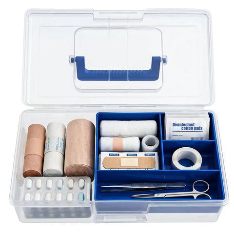 Open Two Pack Small Plastic Tool Box With Handle 2 Layer Clear Organizer With Removable Divider showing medical supplies.