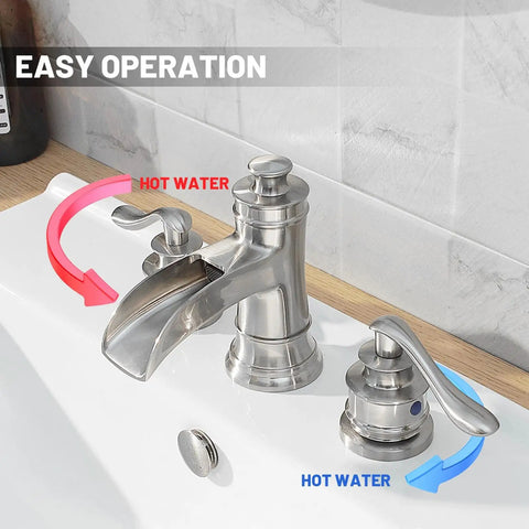 8 Inch Widespread Bathroom Faucet With Three Holes And Two Handles In Dope Brushed Nickel Finish Farmhouse Style waterfall design