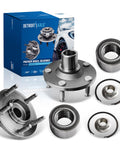 2 Front Wheel Bearing Hub Assemblies Kit For Ford Escape 2001 To 2012 Mazda Tribute 2001 To 2011 Mercury Mariner 2005 To 2011 With 5 Lug Hubs OEM Grade Replacement No Sweat Easy Install Front Wheel Bearings, shown with packaging and components.