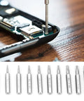 Pro Heavy Duty Precision Screwdriver Bit Set 10 Piece CRV Steel Star Tips for Phone Repair in use on a smartphone circuit board.