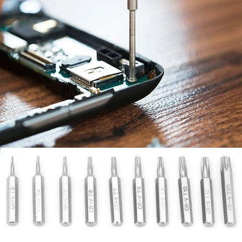 Pro Heavy Duty Precision Screwdriver Bit Set 10 Piece CRV Steel Star Tips for Phone Repair in use on a smartphone circuit board.