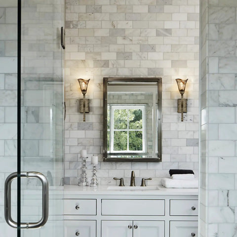 Rustic Wall Sconce Vanity Light With Amber Glow Glass Shade for bathroom, vintage metal fixture, rubbed bronze finish.