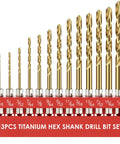 Hex Shank Drill Bit Set 13-Piece HSS Titanium Twist Bits For Metal Wood Plastic Quick Change Design sizes 1/16 to 1/4 inch