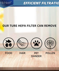 Diagram of Reinlichkeit HEPA filter benefits including food, hair, pet dander, pollen removal