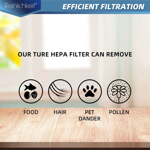 Diagram of Reinlichkeit HEPA filter benefits including food, hair, pet dander, pollen removal