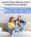 Family on couch with Levoit Certified Genuine Badge promoting Air Purifier For Home Large Room With HEPA Filter Sleep Mode AHAM Verifide