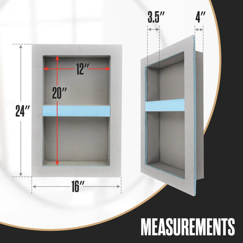 Tile Ready Shower Niche Insert For Recessed Bathroom Storage Built In Wall Cubby With No Fuss Install And Easy Tile Ready Caddy Shelves 12 By 20 Inches And 13 By 21 Inches Prefab Box with measurements shown.